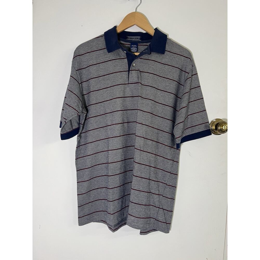 Hilton Polo Shirt Mens Size L Vintage Short Sleeve Golf Cotton Blue Striped USA